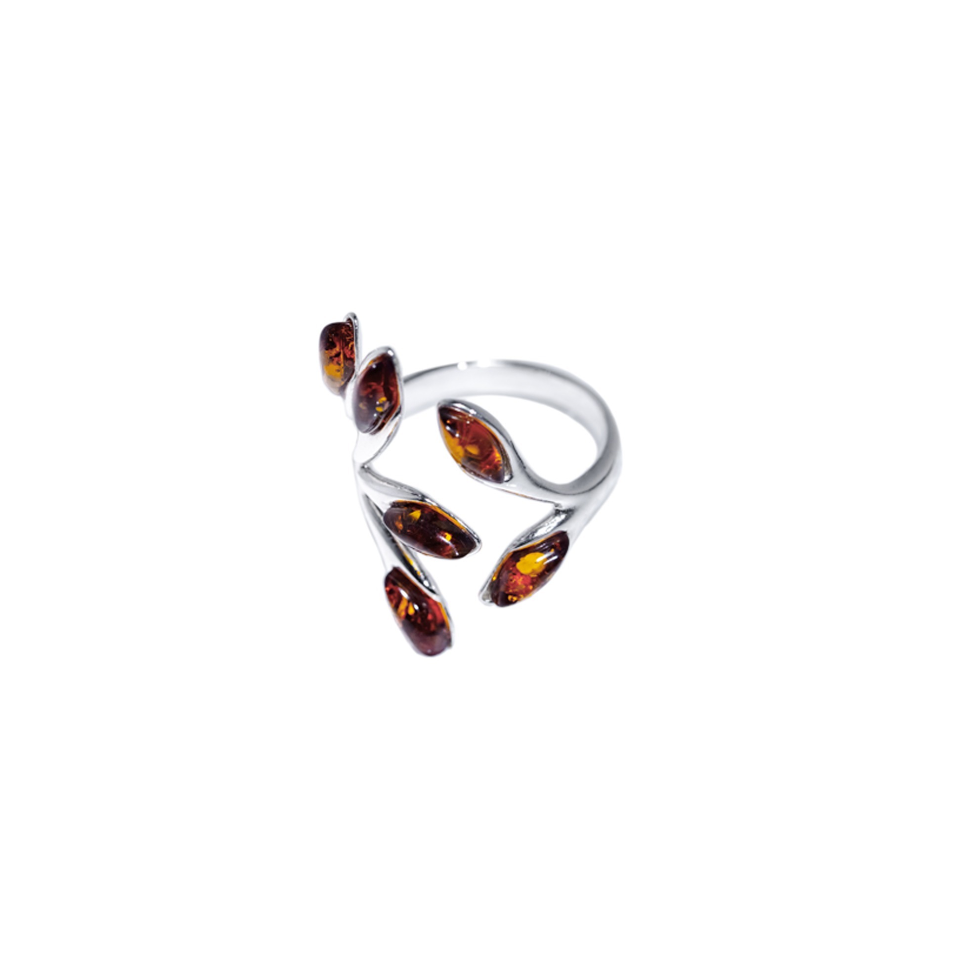 Leaf silver ring with cognac amber